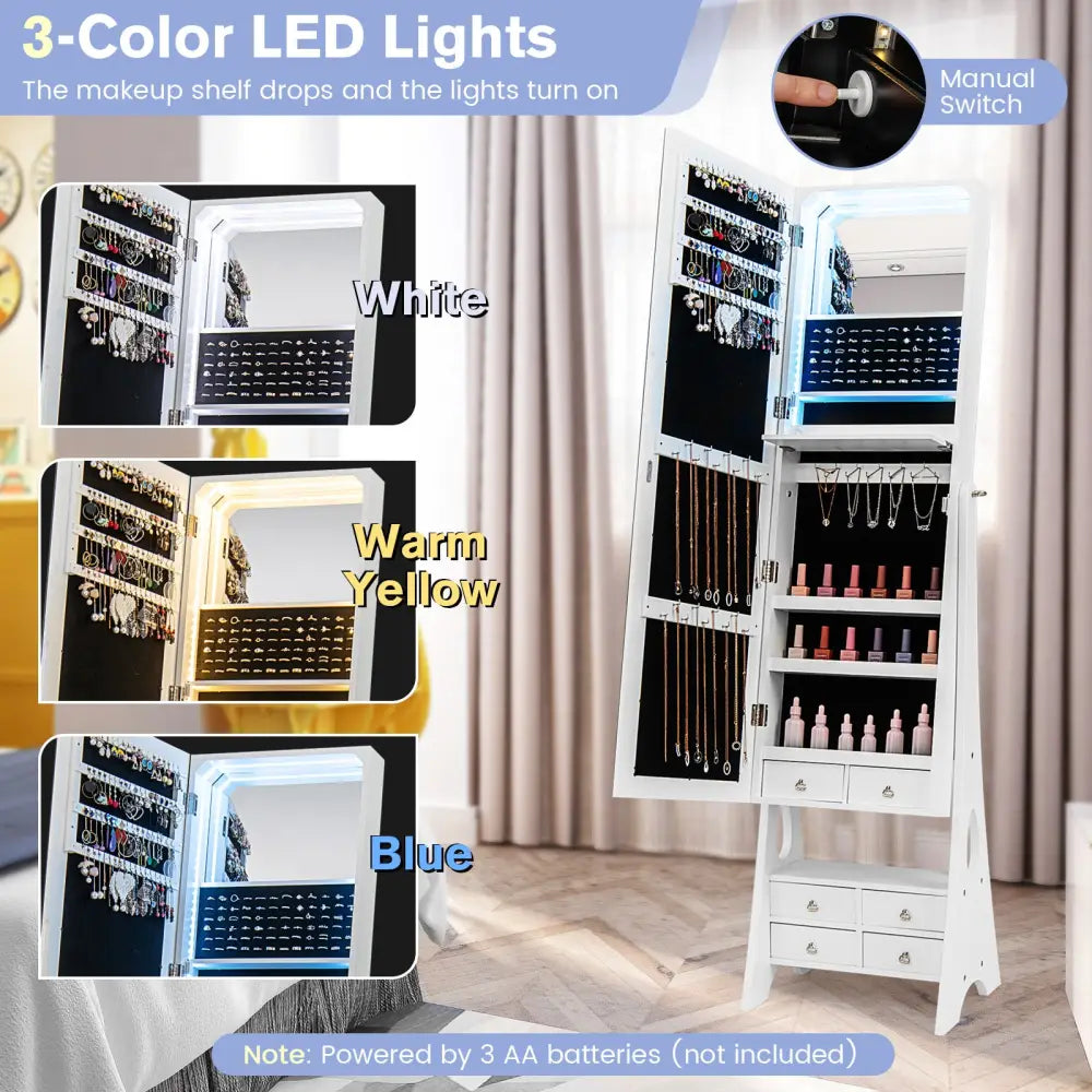 Freestanding Full Length LED Mirrored Jewelry Armoire with 6 Drawers-White - White - Jewelry Armoires