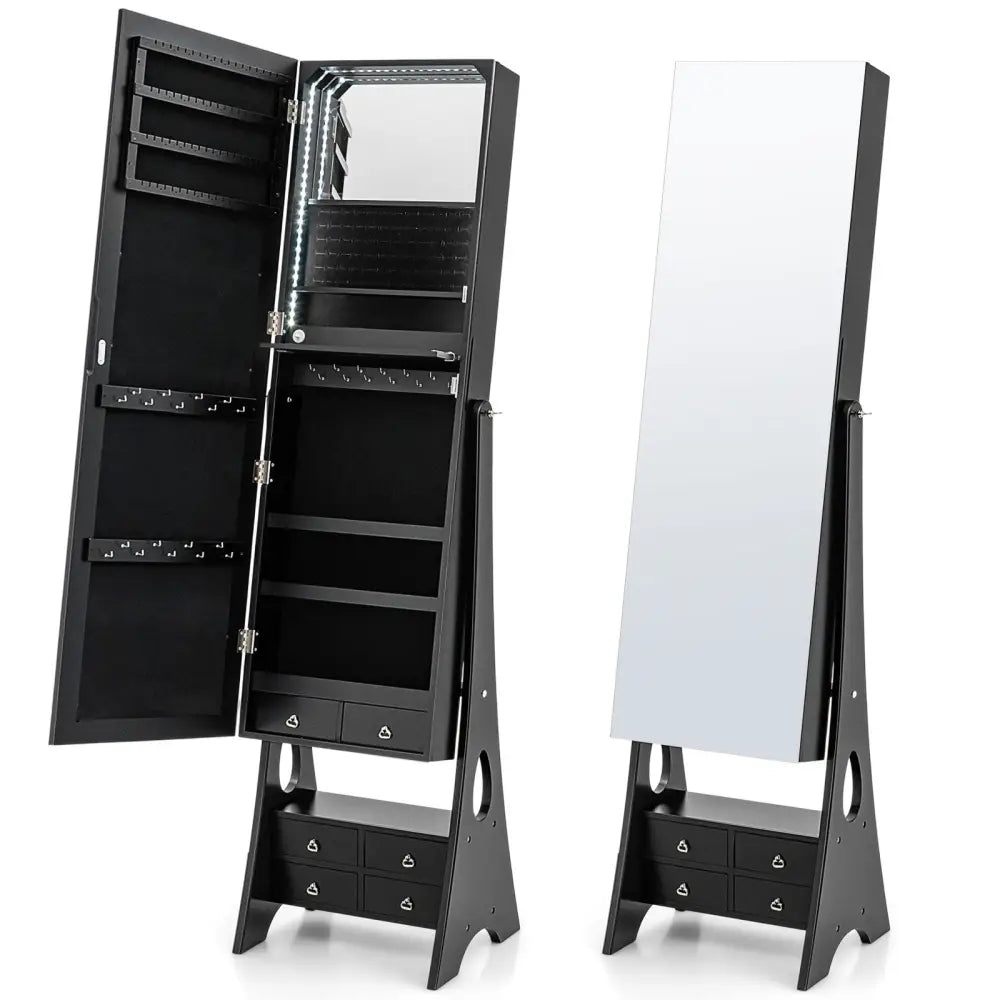 Freestanding Full Length LED Mirrored Jewelry Armoire with 6 Drawers-Black - Black - Jewelry Armoires