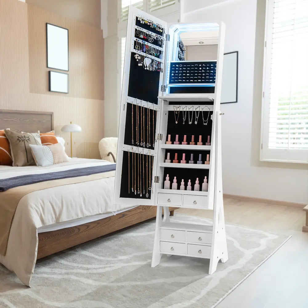 Freestanding Full Length LED Mirrored Jewelry Armoire with 6 Drawers-White - White - Jewelry Armoires