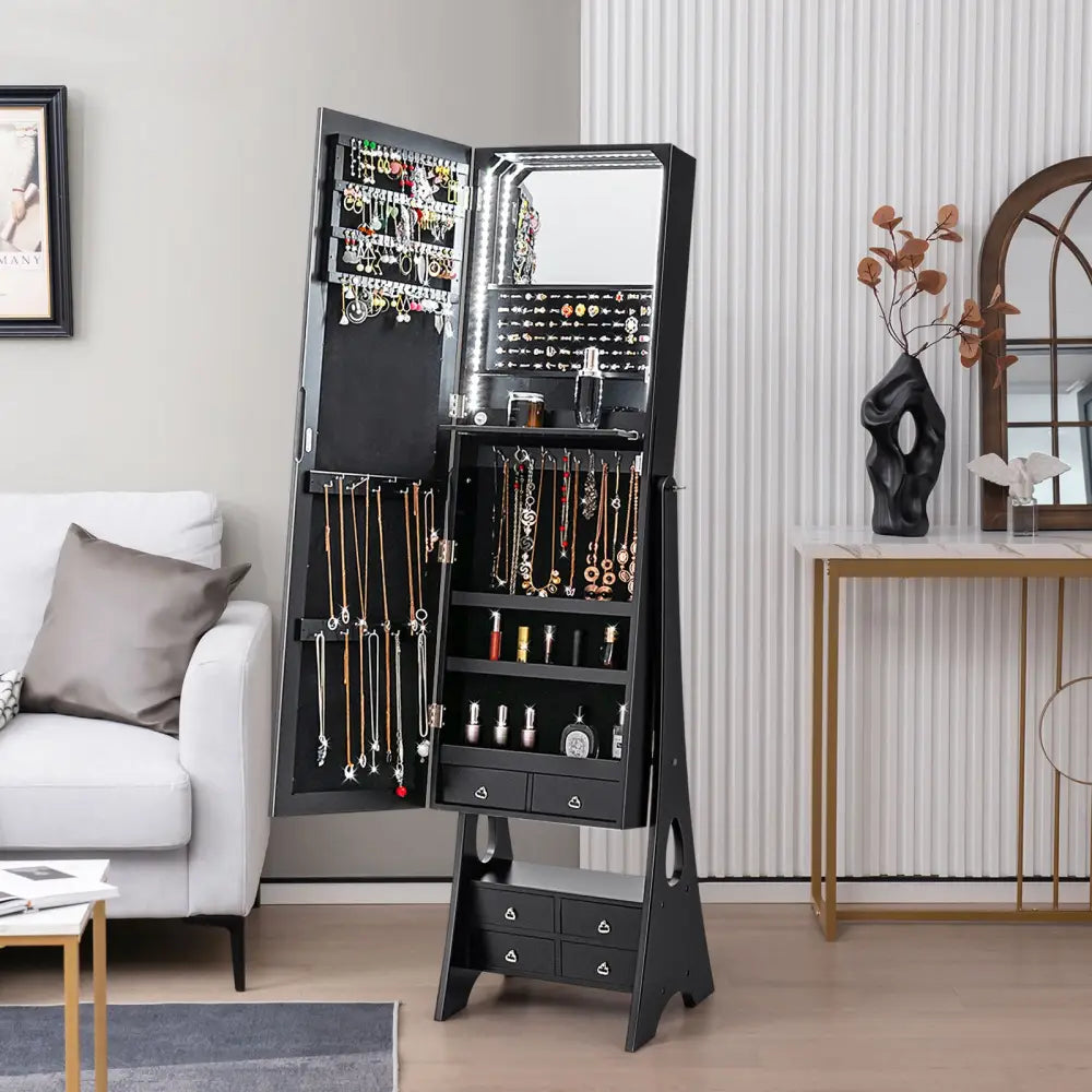 Freestanding Full Length LED Mirrored Jewelry Armoire with 6 Drawers-Black - Black - Jewelry Armoires