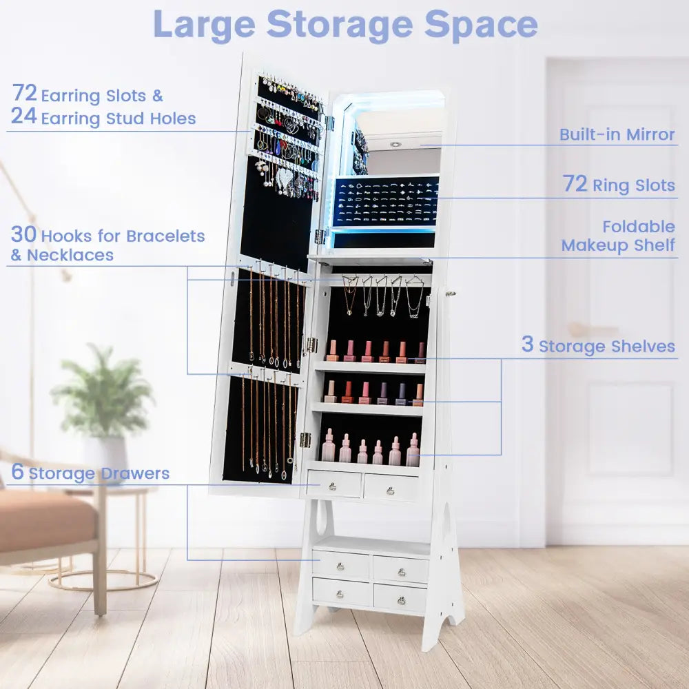 Freestanding Full Length LED Mirrored Jewelry Armoire with 6 Drawers-White - White - Jewelry Armoires