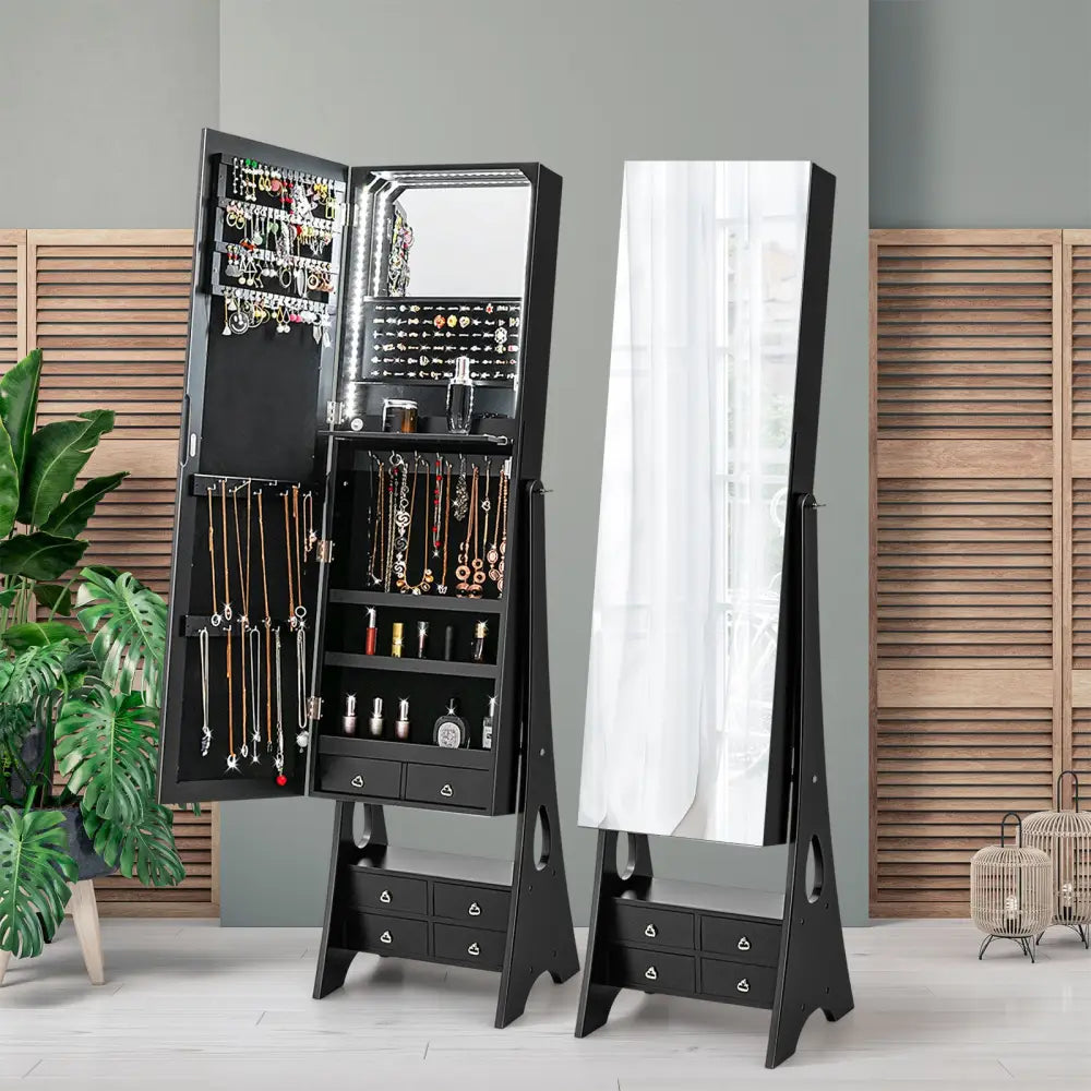 Freestanding Full Length LED Mirrored Jewelry Armoire with 6 Drawers-Black - Black - Jewelry Armoires