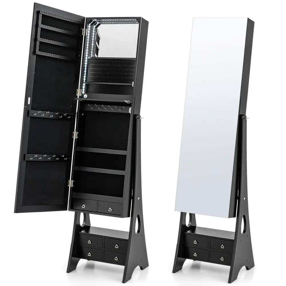 Freestanding Full Length LED Mirrored Jewelry Armoire with 6 Drawers-Black - Black - Jewelry Armoires