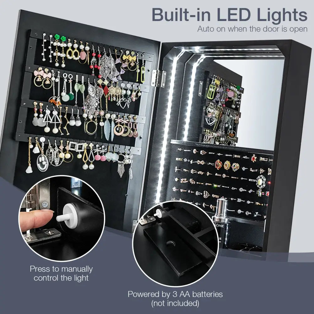 Freestanding Full Length LED Mirrored Jewelry Armoire with 6 Drawers-Black - Black - Jewelry Armoires