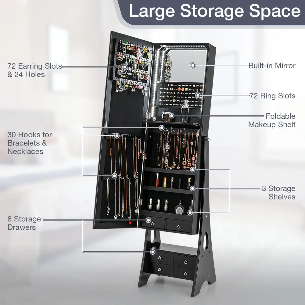 Freestanding Full Length LED Mirrored Jewelry Armoire with 6 Drawers-Black - Black - Jewelry Armoires
