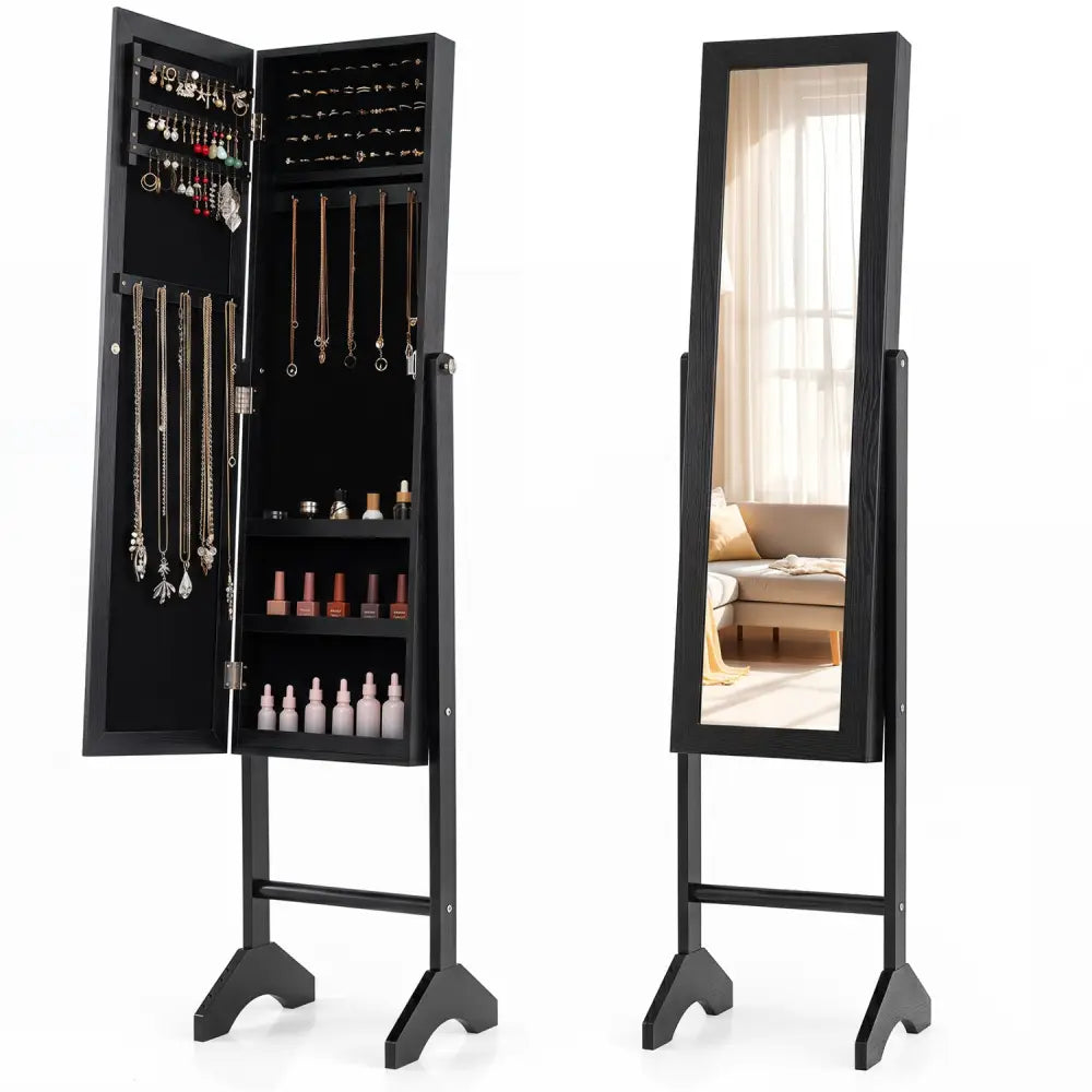 Freestanding Jewelry Armoire with Velvet Lining and Full Length Mirror-Black - Black - Jewelry Armoires