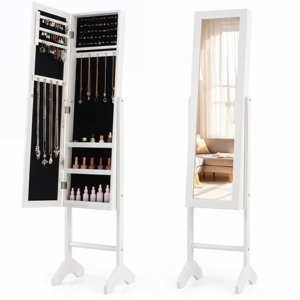 Freestanding Jewelry Armoire with Velvet Lining and Full Length Mirror-White - White - Jewelry Armoires