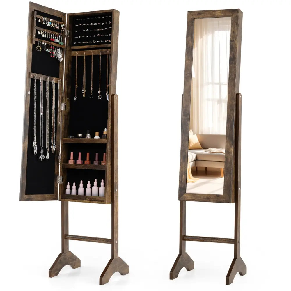 Freestanding Jewelry Armoire with Velvet Lining and Full Length Mirror-Brown - Brown - Jewelry Armoires