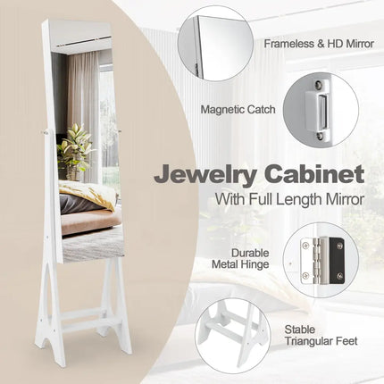 Freestanding Jewelry Cabinet Armoire Organizer with Bevel Edge Mirror-White - White - Jewelry Armoires