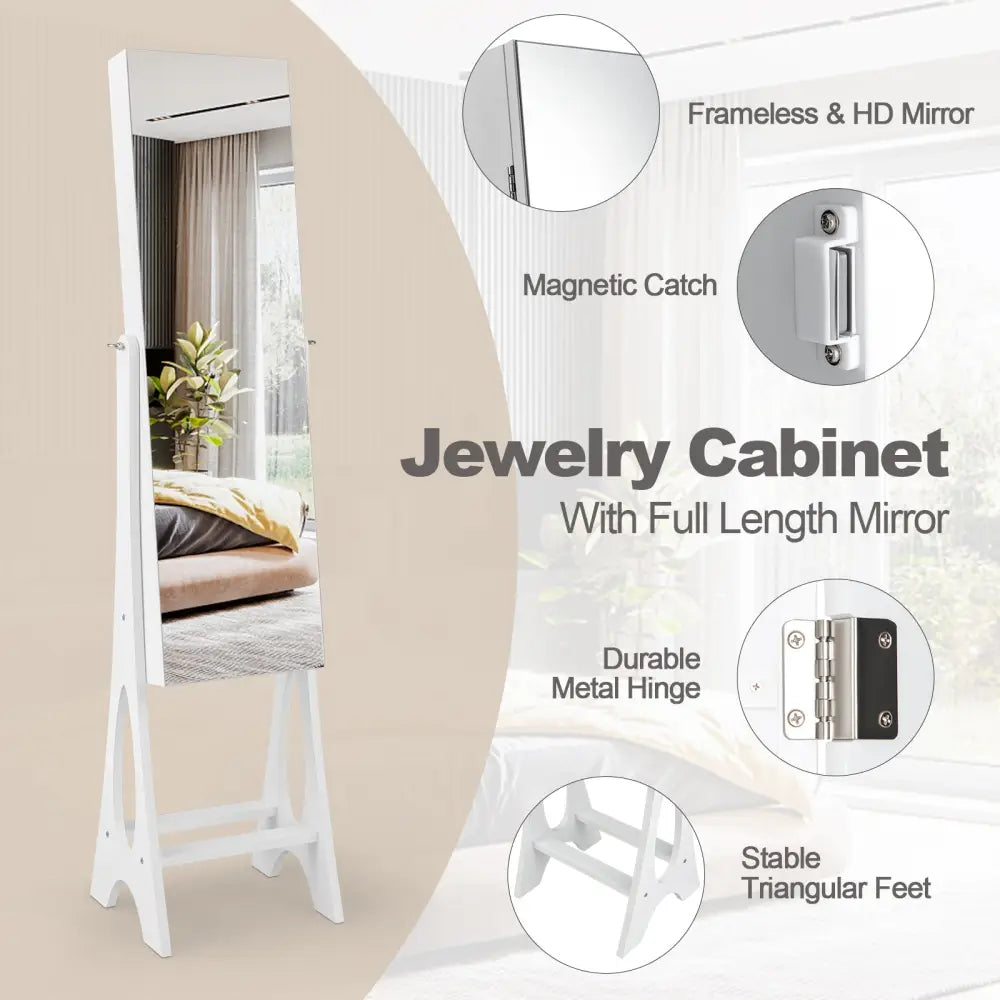 Freestanding Jewelry Cabinet Armoire Organizer with Bevel Edge Mirror-White - White - Jewelry Armoires