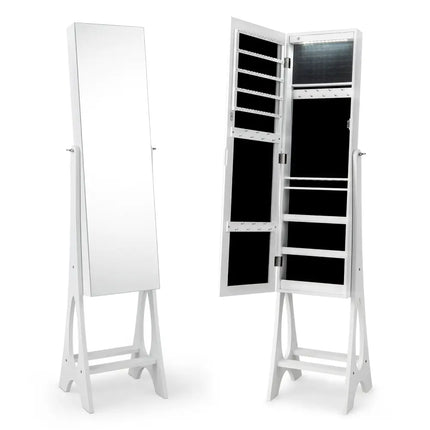 Freestanding Jewelry Cabinet Armoire Organizer with Bevel Edge Mirror-White - White - Jewelry Armoires