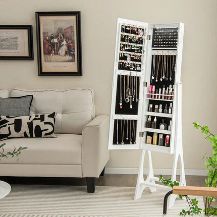 Freestanding Jewelry Cabinet Armoire Organizer with Bevel Edge Mirror-White - White - Jewelry Armoires