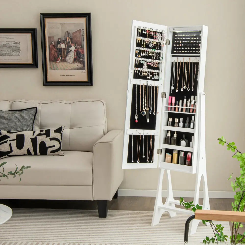 Freestanding Jewelry Cabinet Armoire Organizer with Bevel Edge Mirror-White - White - Jewelry Armoires