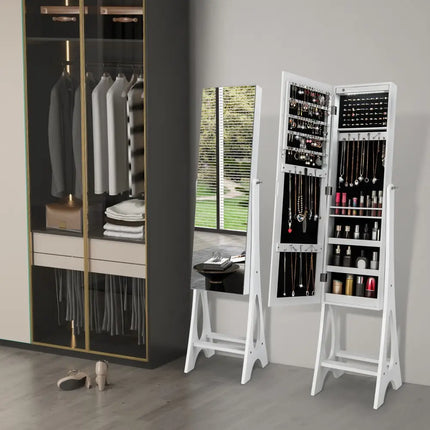 Freestanding Jewelry Cabinet Armoire Organizer with Bevel Edge Mirror-White - White - Jewelry Armoires