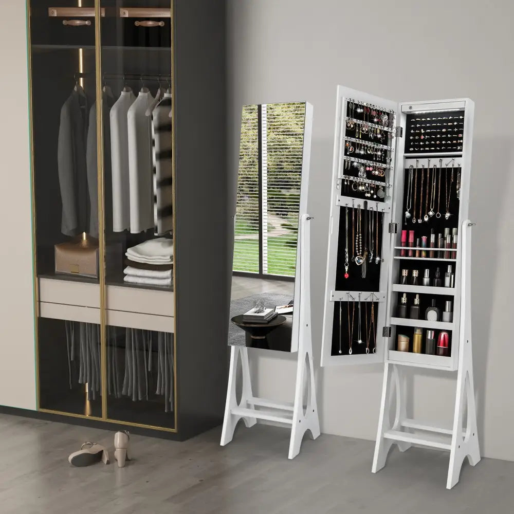 Freestanding Jewelry Cabinet Armoire Organizer with Bevel Edge Mirror-White - White - Jewelry Armoires