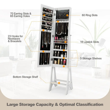 Freestanding Jewelry Cabinet Armoire Organizer with Bevel Edge Mirror-White - White - Jewelry Armoires