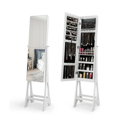 Freestanding Jewelry Cabinet Armoire Organizer with Bevel Edge Mirror-White - White - Jewelry Armoires