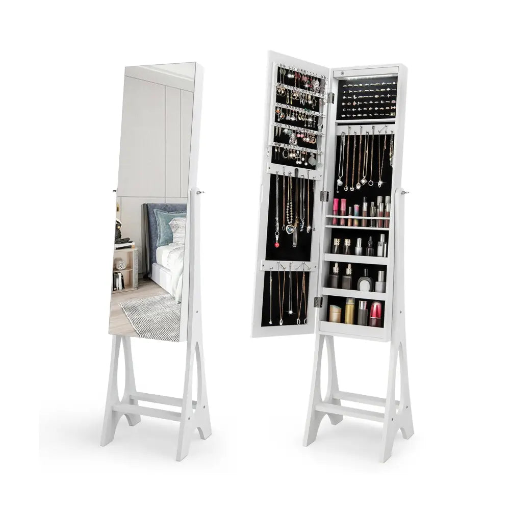 Freestanding Jewelry Cabinet Armoire Organizer with Bevel Edge Mirror-White - White - Jewelry Armoires