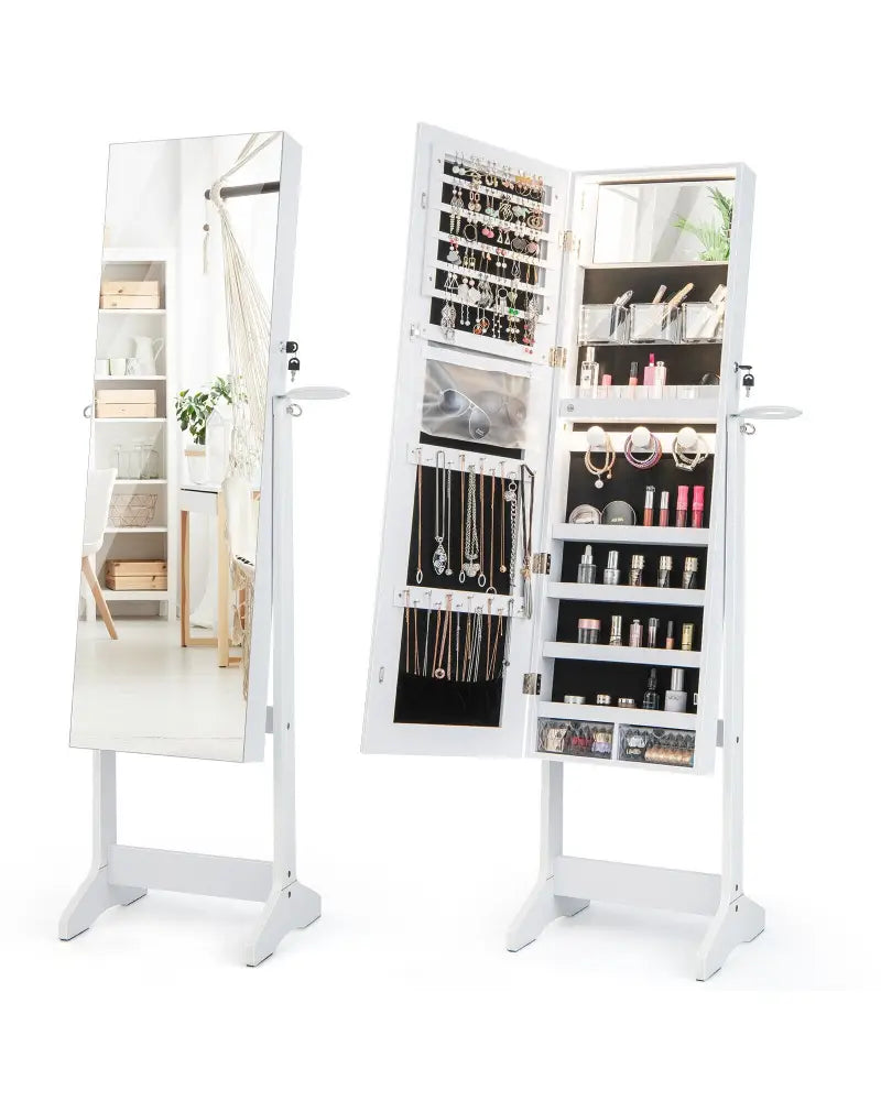 Freestanding Jewelry Cabinet with Full Length Mirror and LED Lights-White - White - Jewelry Armoires