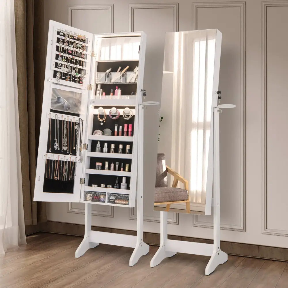 Freestanding Jewelry Cabinet with Full Length Mirror and LED Lights-White - White - Jewelry Armoires