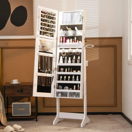 Freestanding Jewelry Cabinet with Full Length Mirror and LED Lights-White - White - Jewelry Armoires