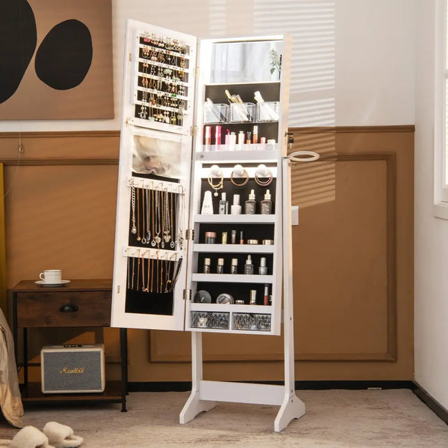 Freestanding Jewelry Cabinet with Full Length Mirror and LED Lights-White - White - Jewelry Armoires