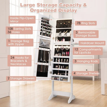 Freestanding Jewelry Cabinet with Full Length Mirror and LED Lights-White - White - Jewelry Armoires