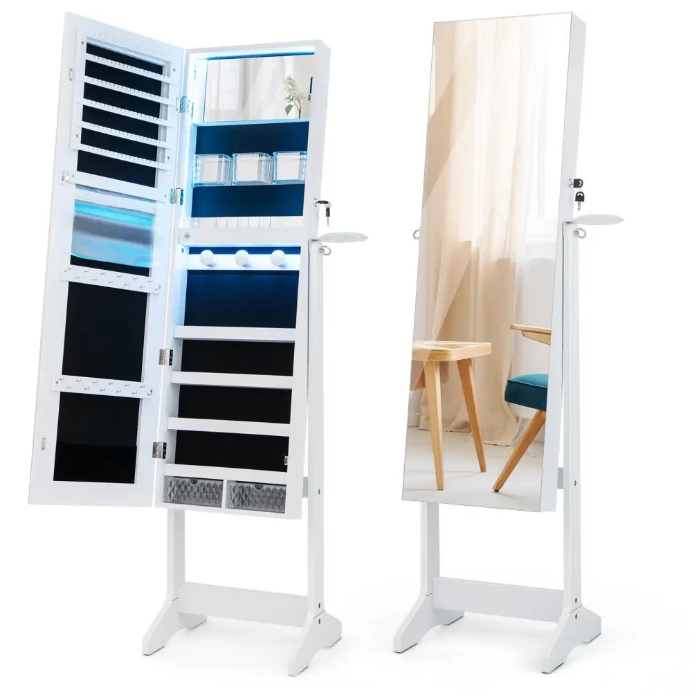 Freestanding Jewelry Cabinet with Full Length Mirror and LED Lights-White - White - Jewelry Armoires