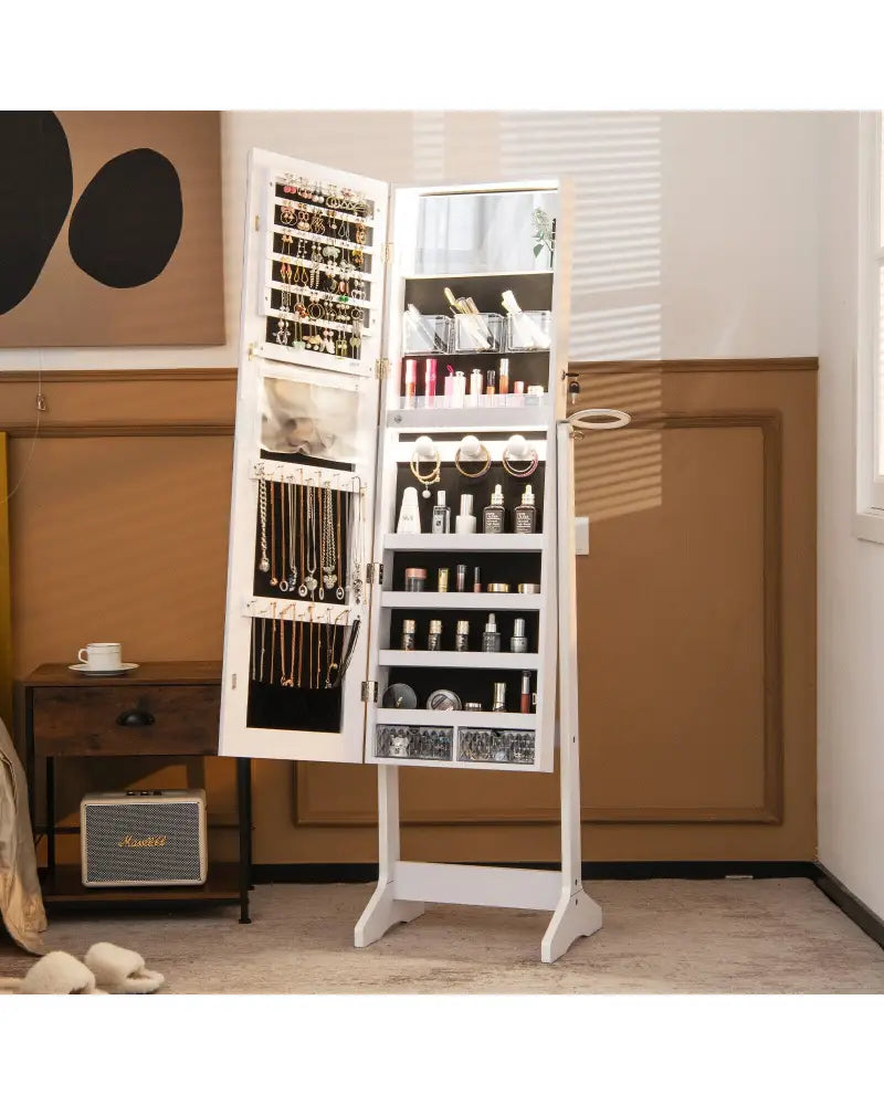 Freestanding Jewelry Cabinet with Full Length Mirror and LED Lights-White - White - Jewelry Armoires