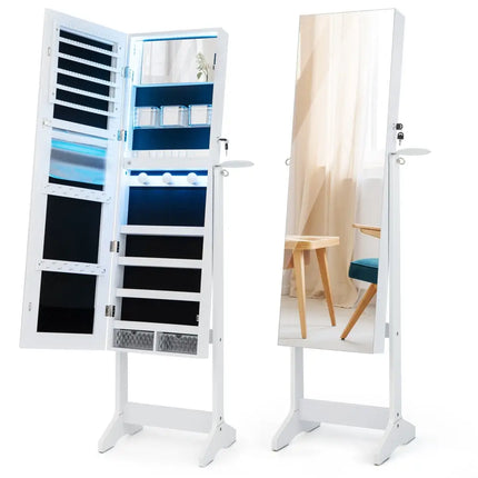 Freestanding Jewelry Cabinet with Full Length Mirror and LED Lights-White - White - Jewelry Armoires