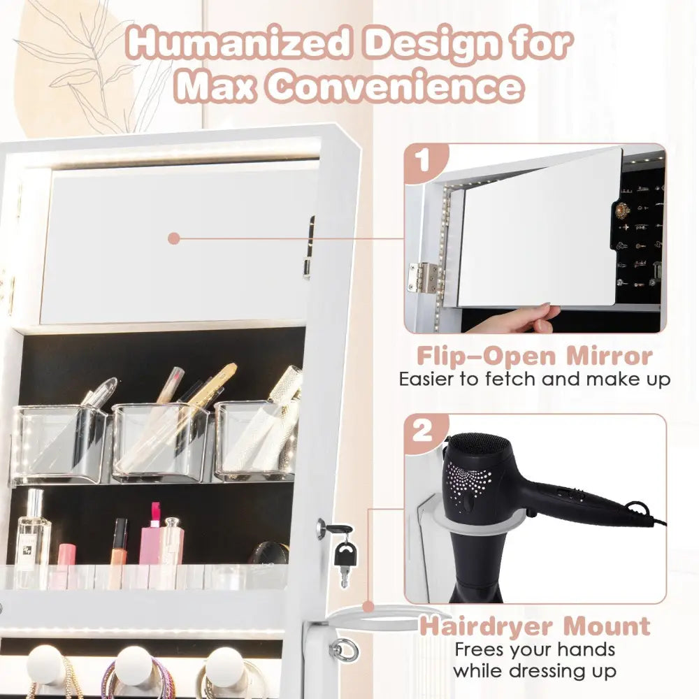 Freestanding Jewelry Cabinet with Full Length Mirror and LED Lights-White - White - Jewelry Armoires