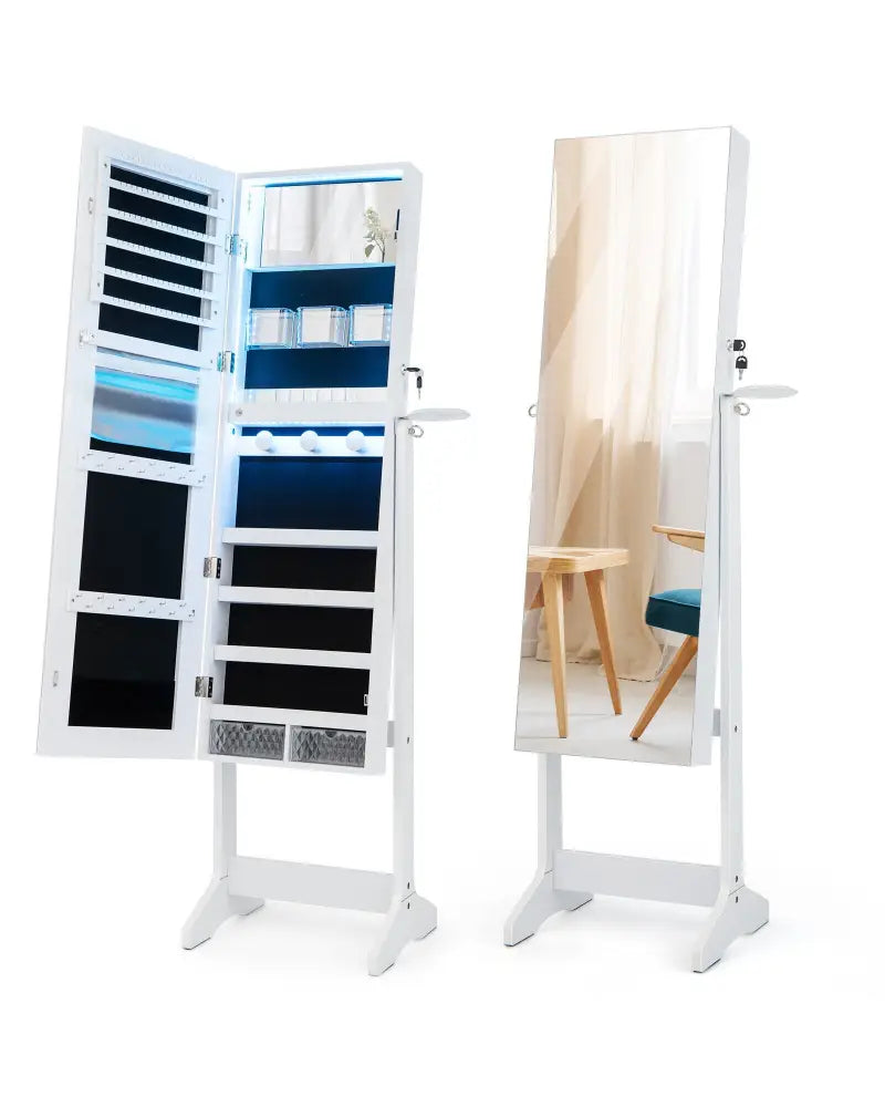 Freestanding Jewelry Cabinet with Full Length Mirror and LED Lights-White - White - Jewelry Armoires