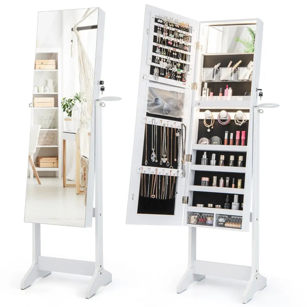 Freestanding Jewelry Cabinet with Full Length Mirror and LED Lights-White - White - Jewelry Armoires