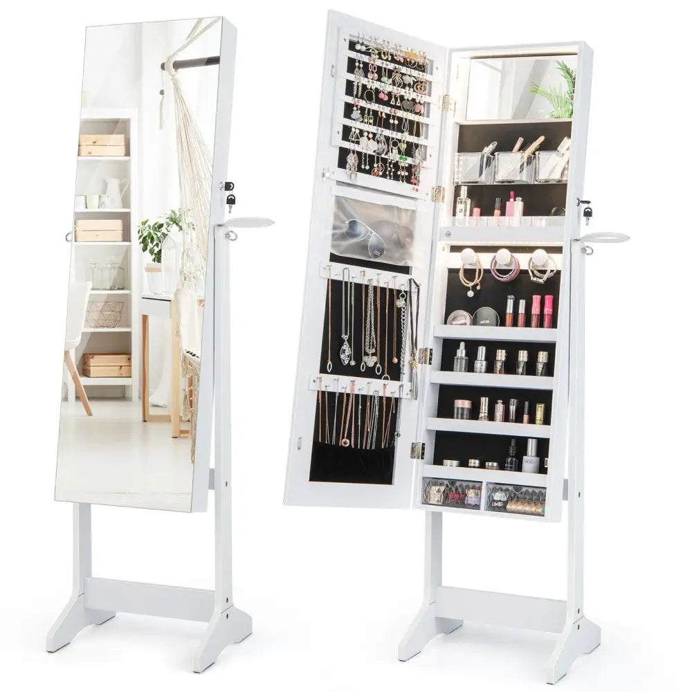 Freestanding Jewelry Cabinet with Full Length Mirror and LED Lights-White - White - Jewelry Armoires