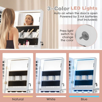 Freestanding Jewelry Cabinet with Full Length Mirror and LED Lights-White - White - Jewelry Armoires