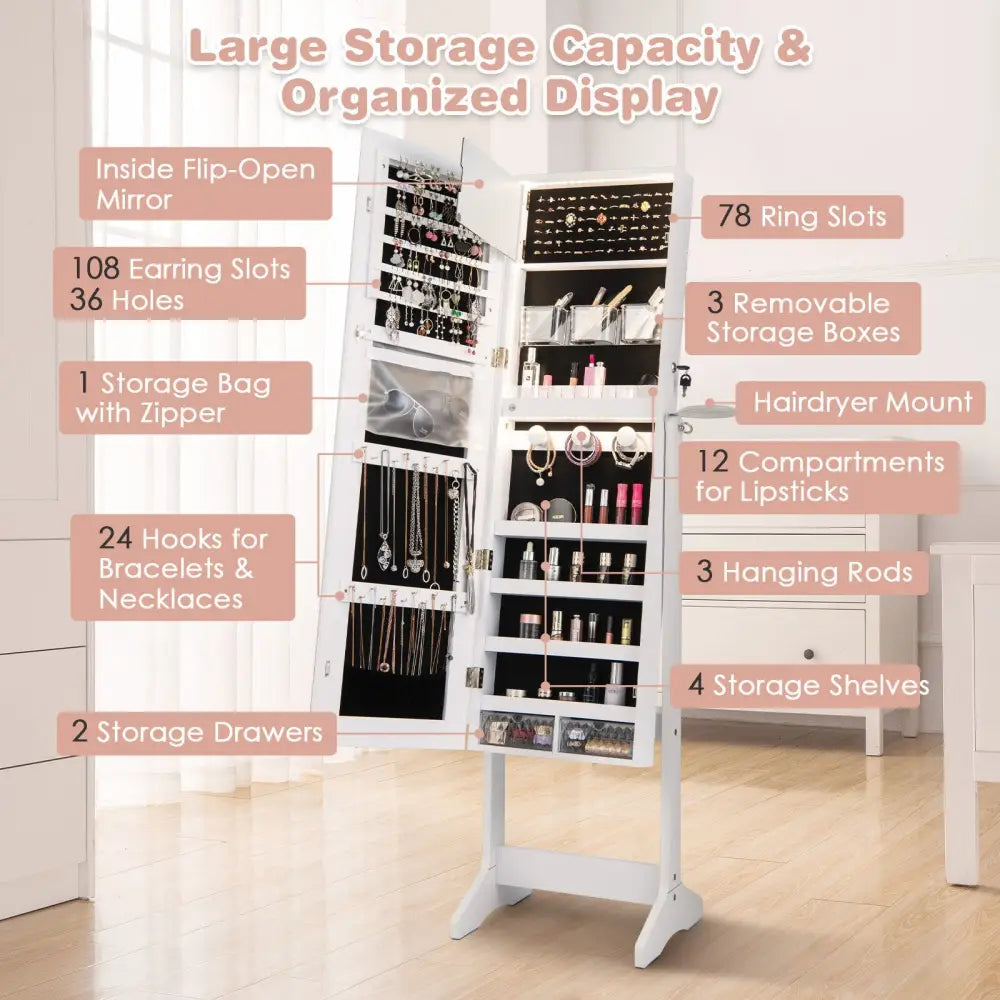 Freestanding Jewelry Cabinet with Full Length Mirror and LED Lights-White - White - Jewelry Armoires
