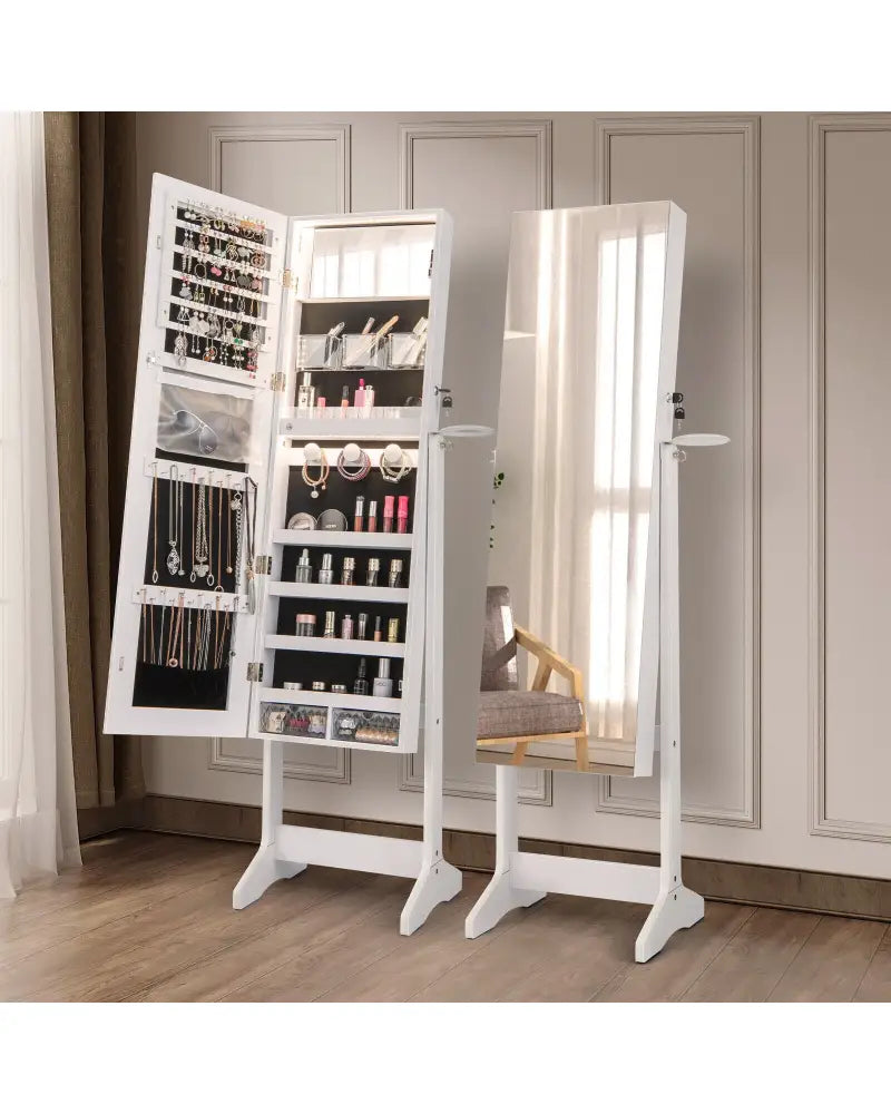Freestanding Jewelry Cabinet with Full Length Mirror and LED Lights-White - White - Jewelry Armoires