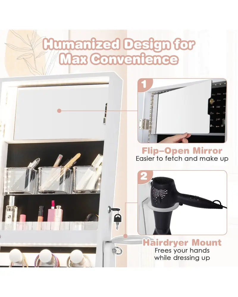 Freestanding Jewelry Cabinet with Full Length Mirror and LED Lights-White - White - Jewelry Armoires