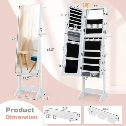Freestanding Jewelry Cabinet with Full Length Mirror and LED Lights-White - White - Jewelry Armoires