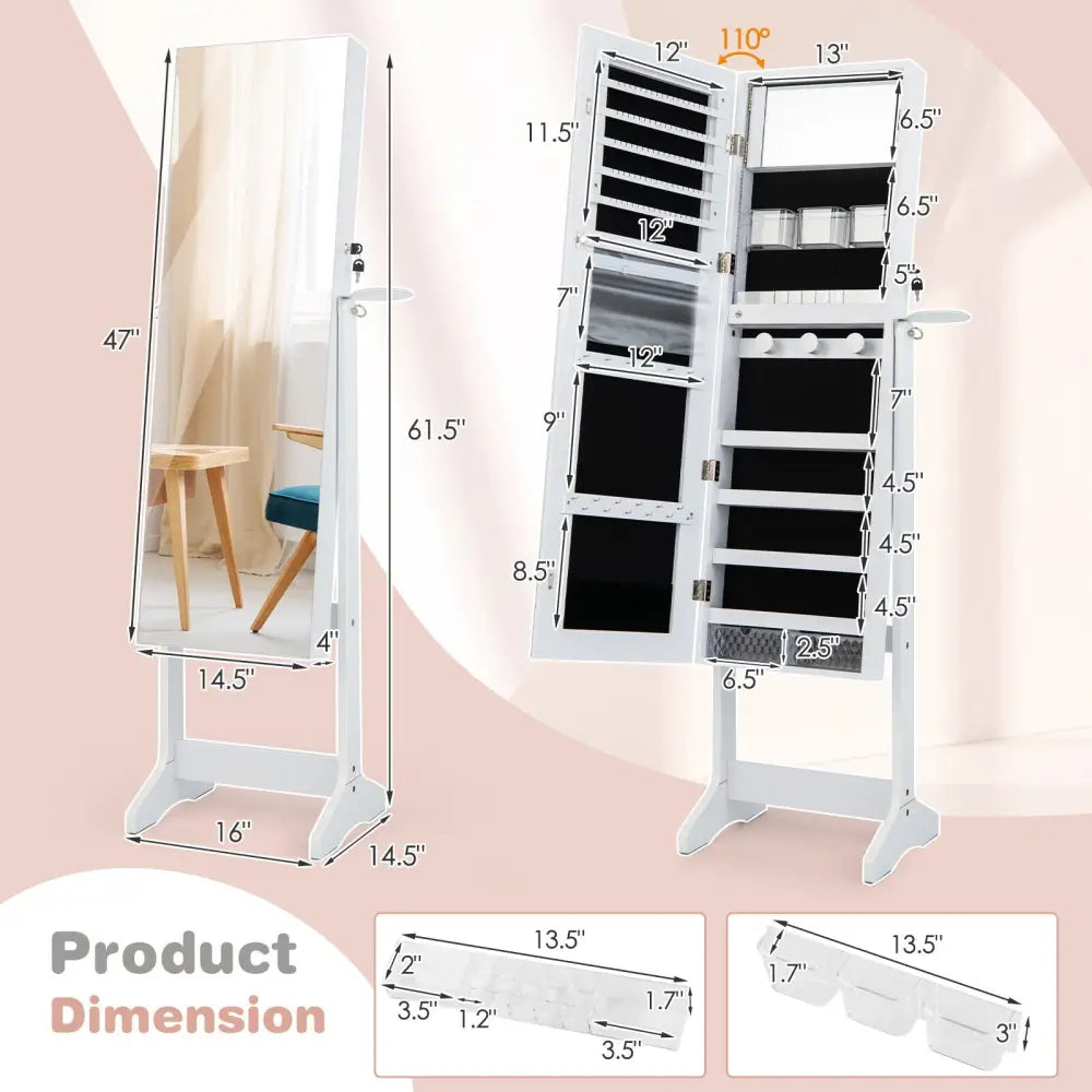 Freestanding Jewelry Cabinet with Full Length Mirror and LED Lights-White - White - Jewelry Armoires