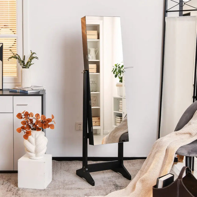 Freestanding Jewelry Cabinet with Full Length Mirror-Black - Black - Jewelry Armoires