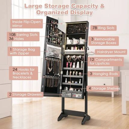 Freestanding Jewelry Cabinet with Full Length Mirror-Black - Black - Jewelry Armoires