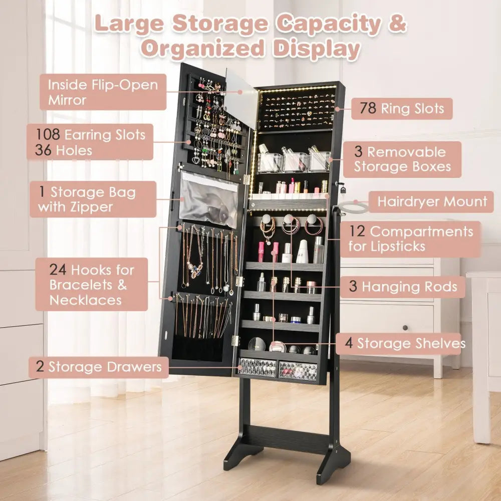 Freestanding Jewelry Cabinet with Full Length Mirror-Black - Black - Jewelry Armoires
