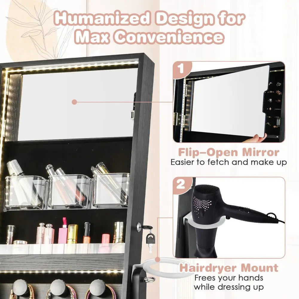 Freestanding Jewelry Cabinet with Full Length Mirror-Black - Black - Jewelry Armoires