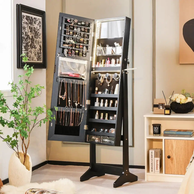 Freestanding Jewelry Cabinet with Full Length Mirror-Black - Black - Jewelry Armoires