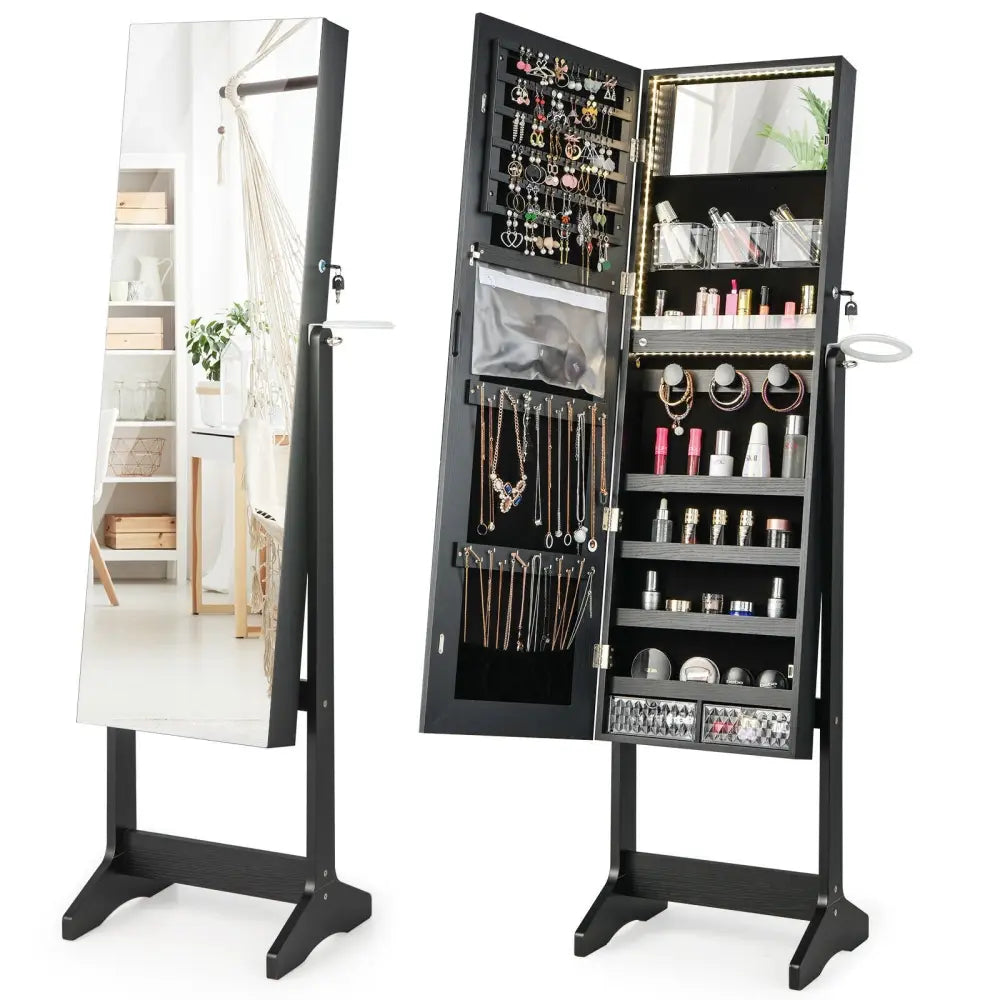 Freestanding Jewelry Cabinet with Full Length Mirror-Black - Black - Jewelry Armoires