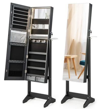 Freestanding Jewelry Cabinet with Full Length Mirror-Black - Black - Jewelry Armoires