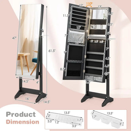 Freestanding Jewelry Cabinet with Full Length Mirror-Black - Black - Jewelry Armoires