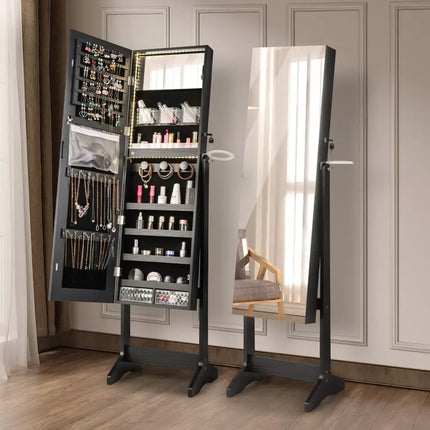 Freestanding Jewelry Cabinet with Full Length Mirror-Black - Black - Jewelry Armoires