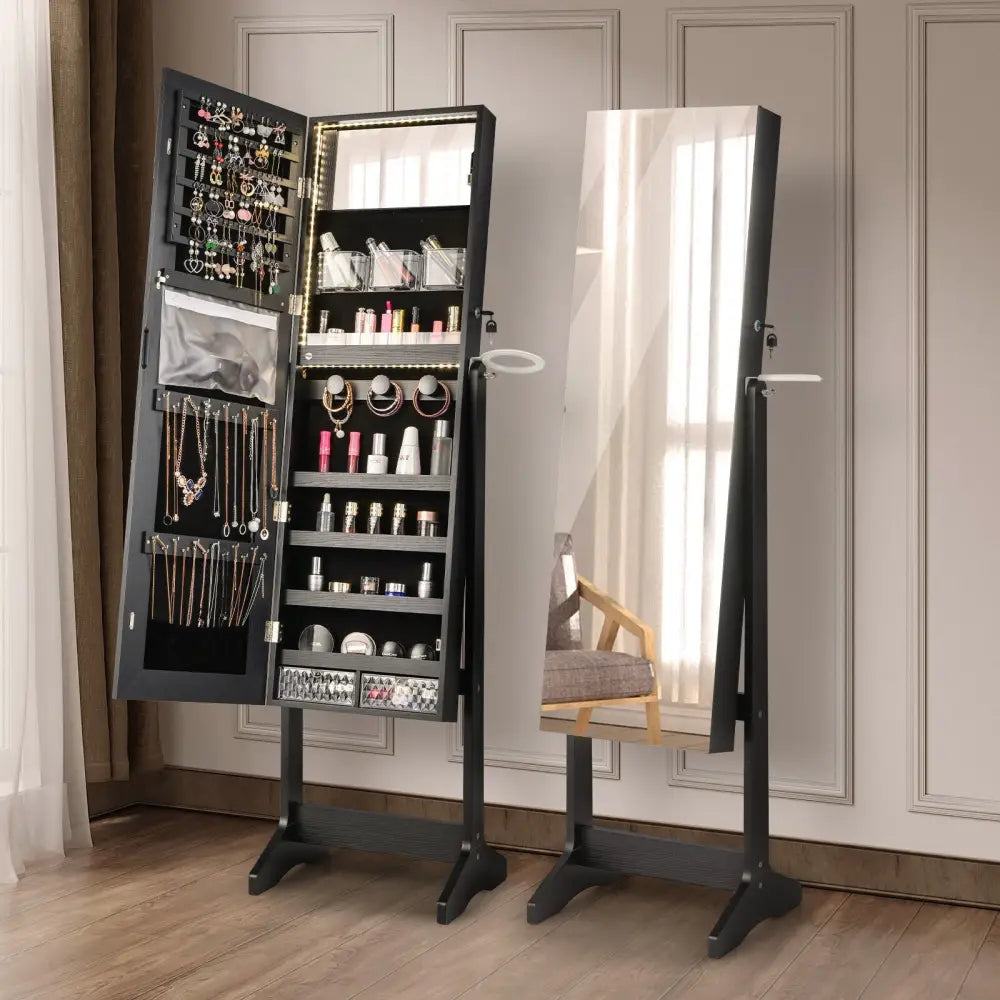 Freestanding Jewelry Cabinet with Full Length Mirror-Black - Black - Jewelry Armoires